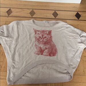 Cozy Cat Print cropped Sweater - Cream and Red